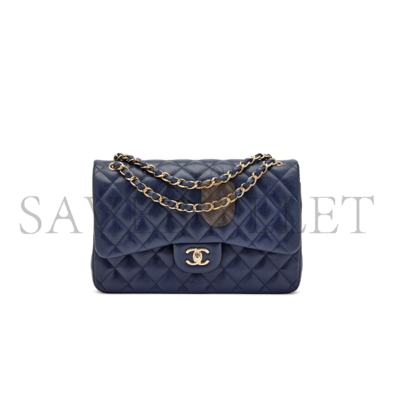 CHANEL MASTER NAVY BLUE QUILTED CAVIAR JUMBO CLASSIC DOUBLE FLAP BAG PALE GOLD HARDWARE (30*20*10cm)